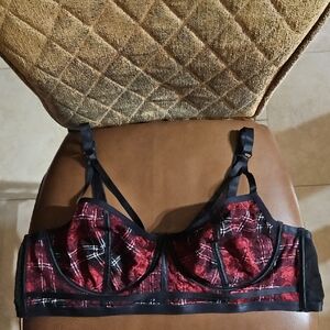 Torrid Red Black White Plaid Floral Lace Unlined Underwire Bralette Bra Longline